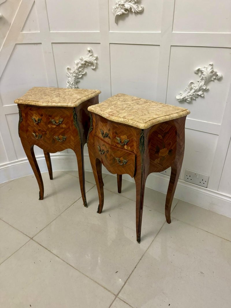 Antique Quality Pair of French Louis XV Style Marquetry Bedside Cabinets
